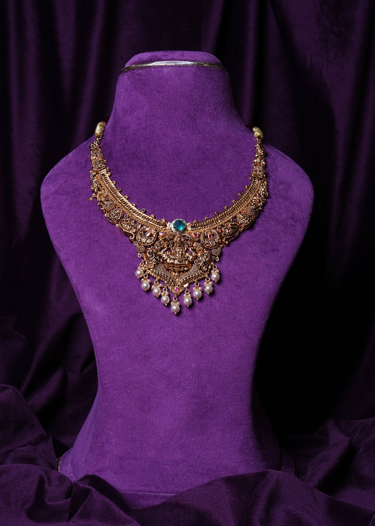 Nagas Addigai Goddess Lakshmi Nakshi Collar Temple Necklace with Emerald Green Cabochon Stone and South Sea Pearls