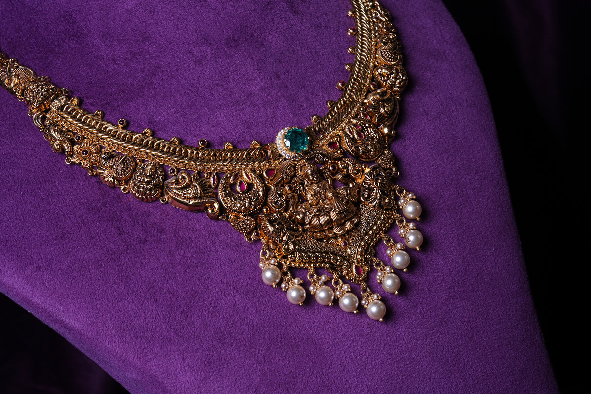 Nagas Addigai Goddess Lakshmi Nakshi Collar Temple Necklace with Emerald Green Cabochon Stone and South Sea Pearls