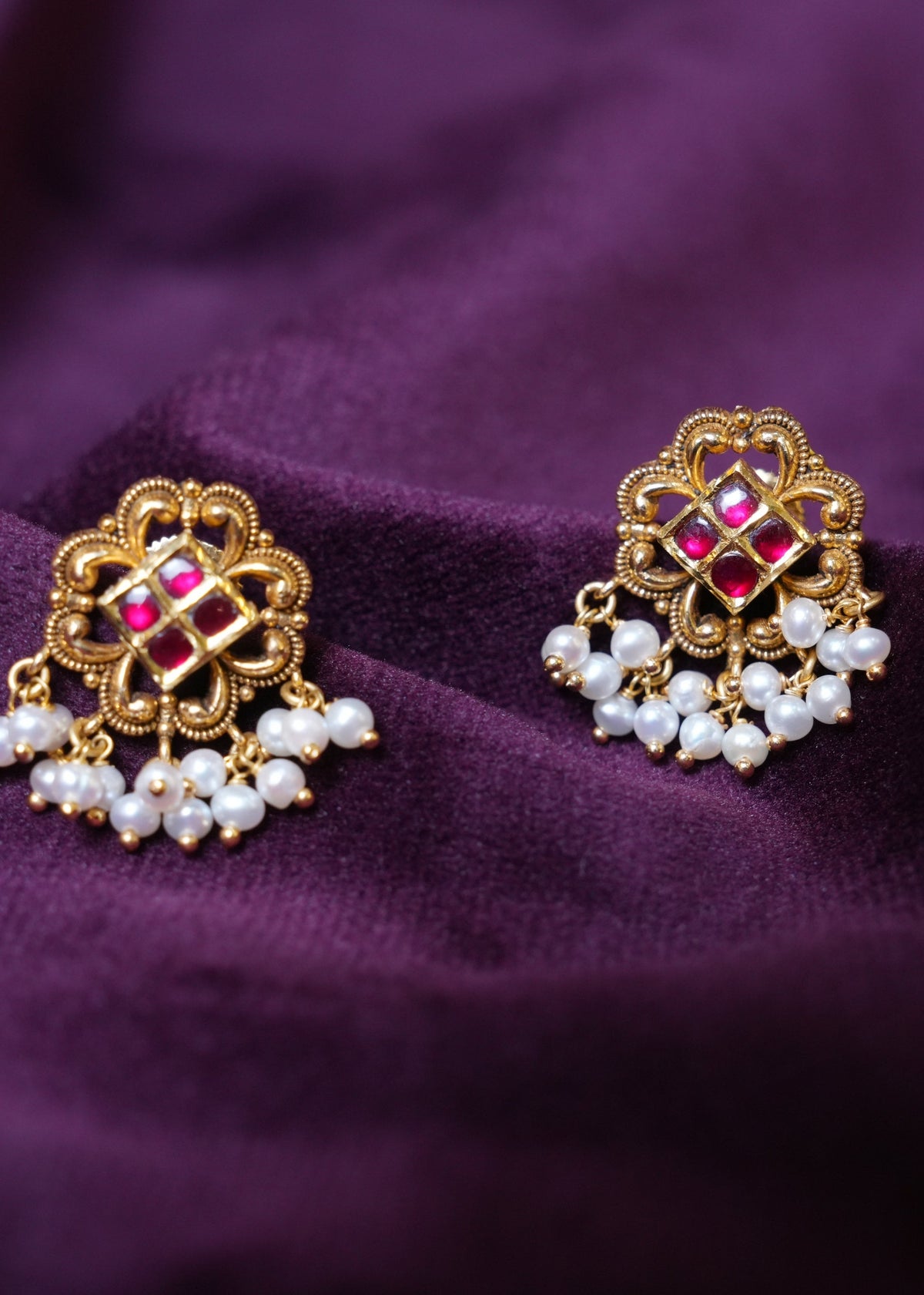 Antique Gold Finish Ruby Kemp Square Stud Earrings with Pearl Drops