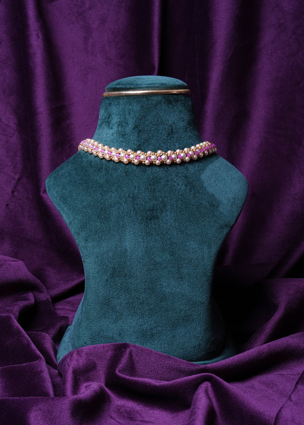 Beaded Interlocking Tourmaline Wave Triple Pearl Ribbon Lattice Choker