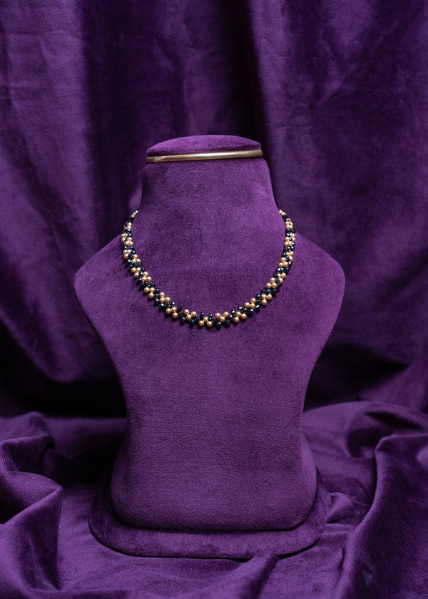 Bicone Black Zircon Beads and Gold Pearls Choker