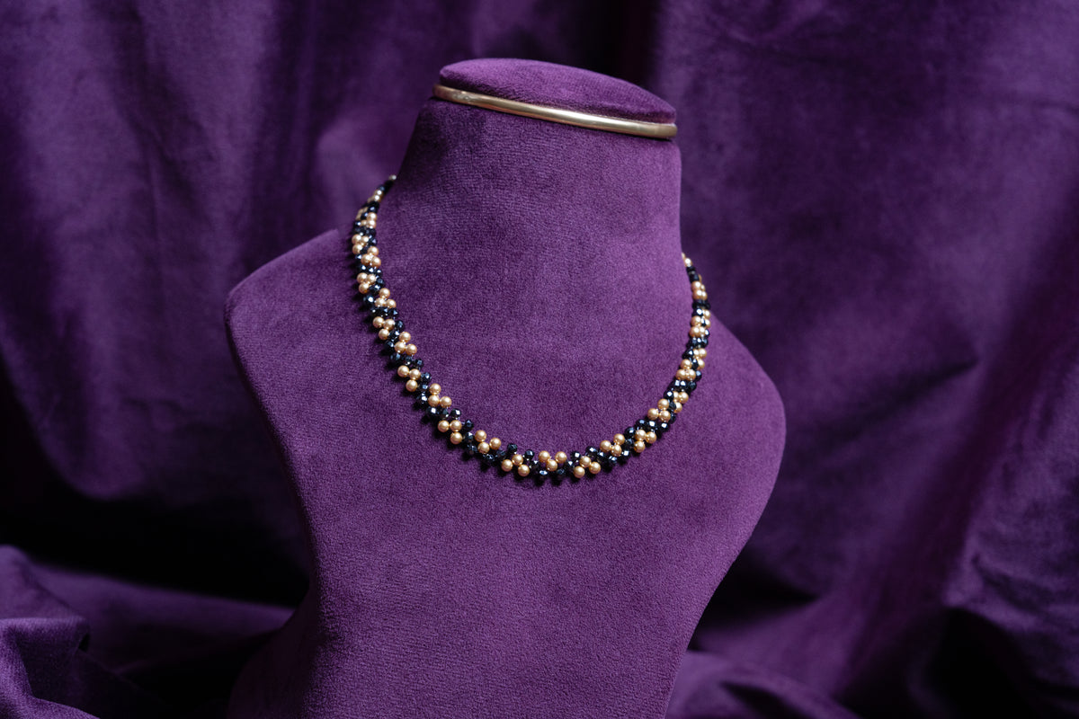 Bicone Black Zircon Beads and Gold Pearls Choker