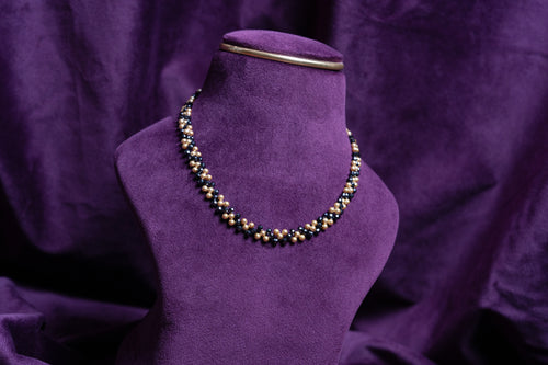 Bicone Black Zircon Beads and Gold Pearls Choker