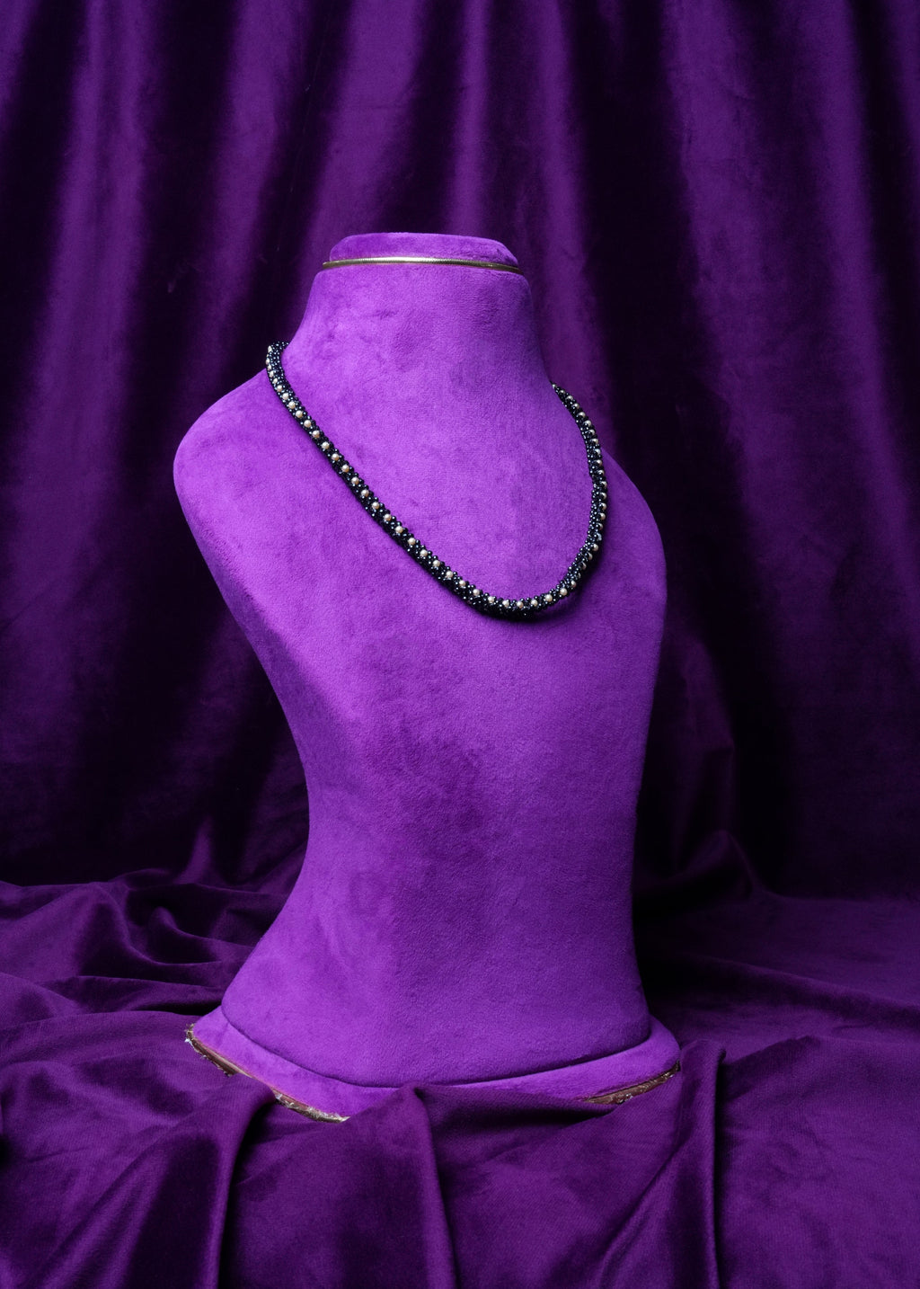 Black Bead and Mini Pearl Rope Necklace