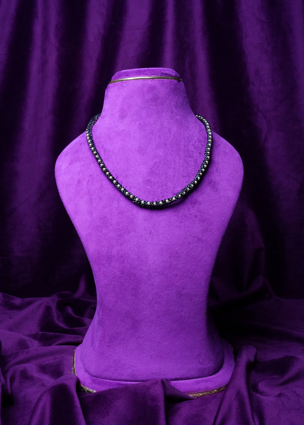 Black Bead and Mini Pearl Rope Necklace