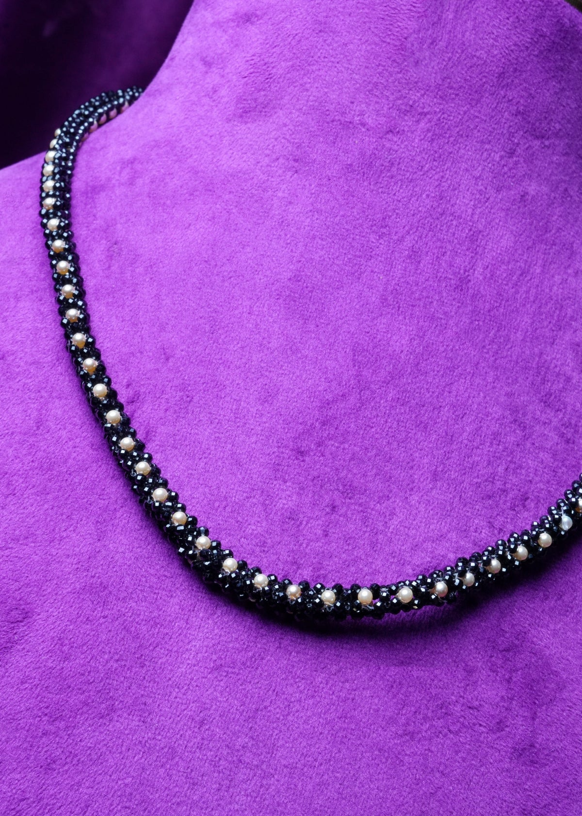 Black Bead and Mini Pearl Rope Necklace