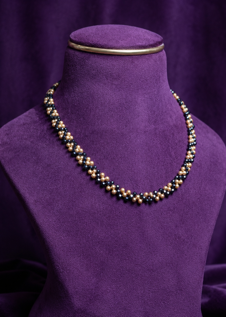 Bicone Black Zircon Beads and Gold Pearls Choker