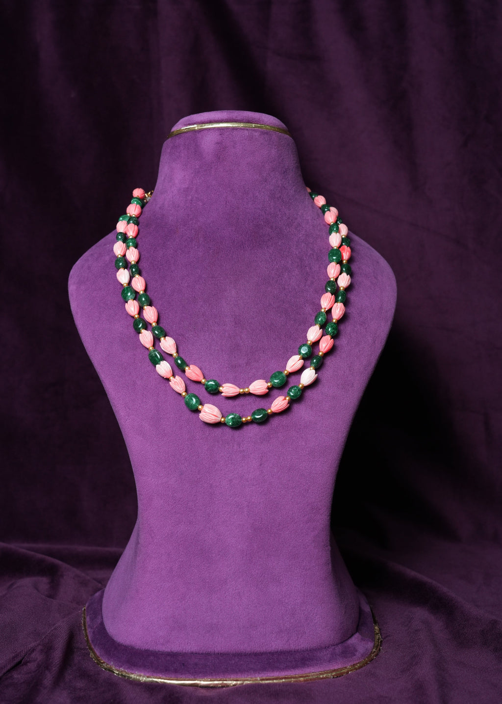 Coral Blossom tulip & Emerald beaded Mala