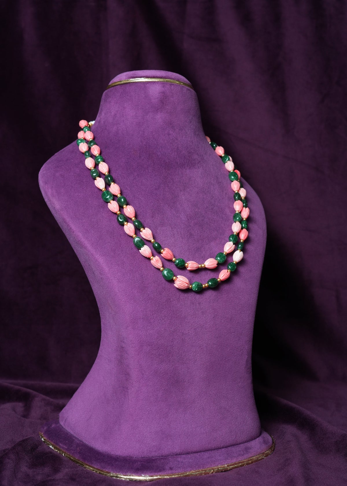 Coral Blossom tulip & Emerald beaded Mala