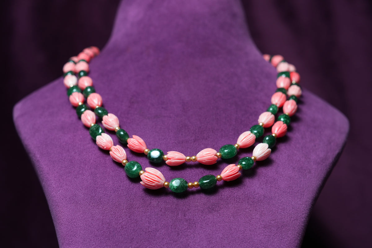 Coral Blossom tulip & Emerald beaded Mala