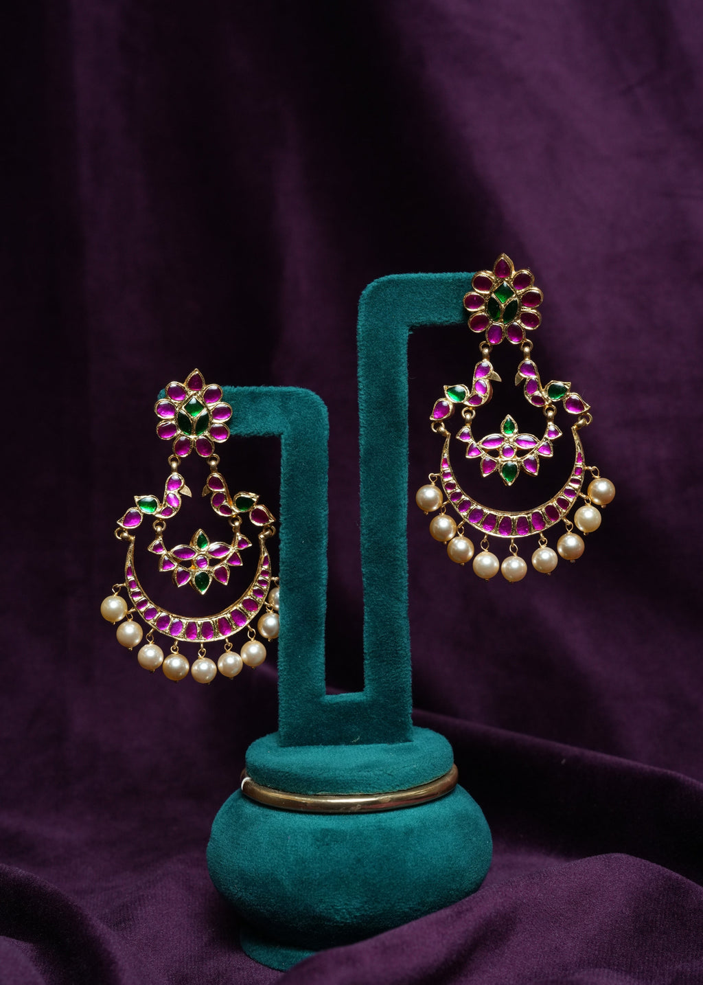 Crescent Pink & Green Kemp Peacock Chandbali pearl drop Earrings