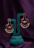 Crescent Pink & Green Kemp Peacock Chandbali pearl drop Earrings