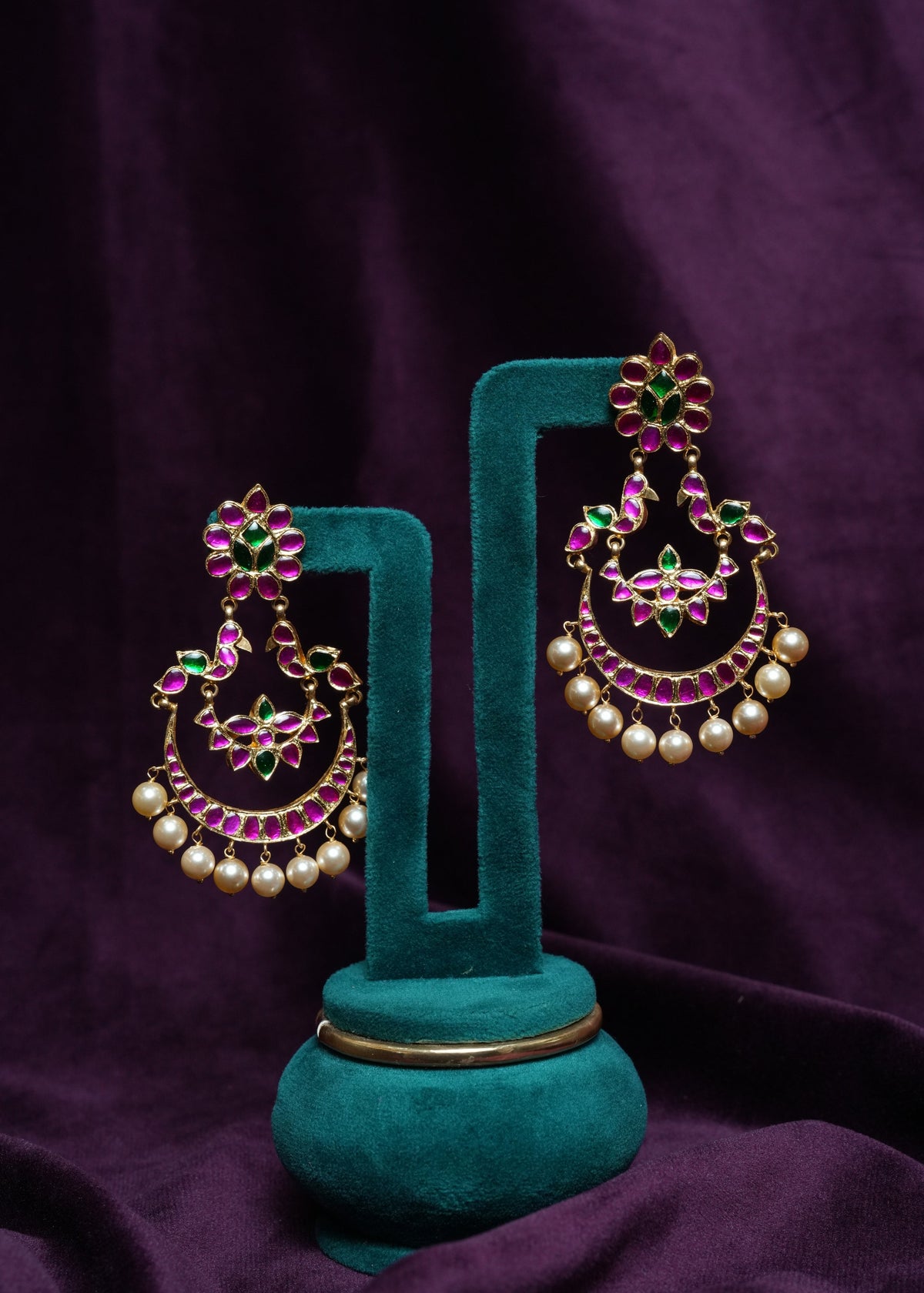 Crescent Pink & Green Kemp Peacock Chandbali pearl drop Earrings