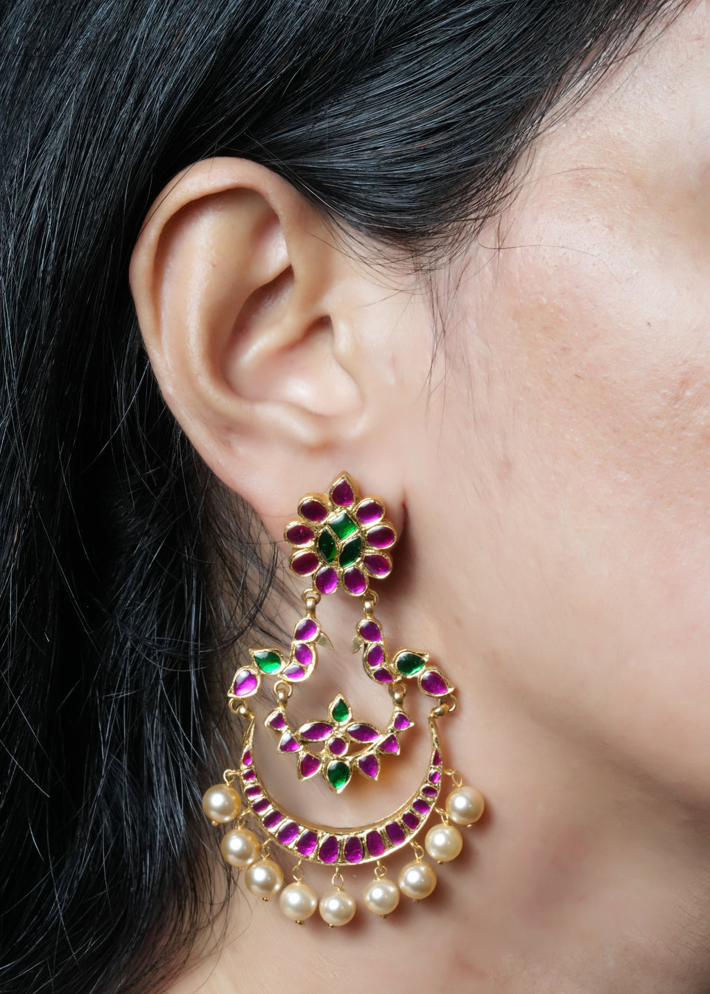 Crescent Pink & Green Kemp Peacock Chandbali pearl drop Earrings
