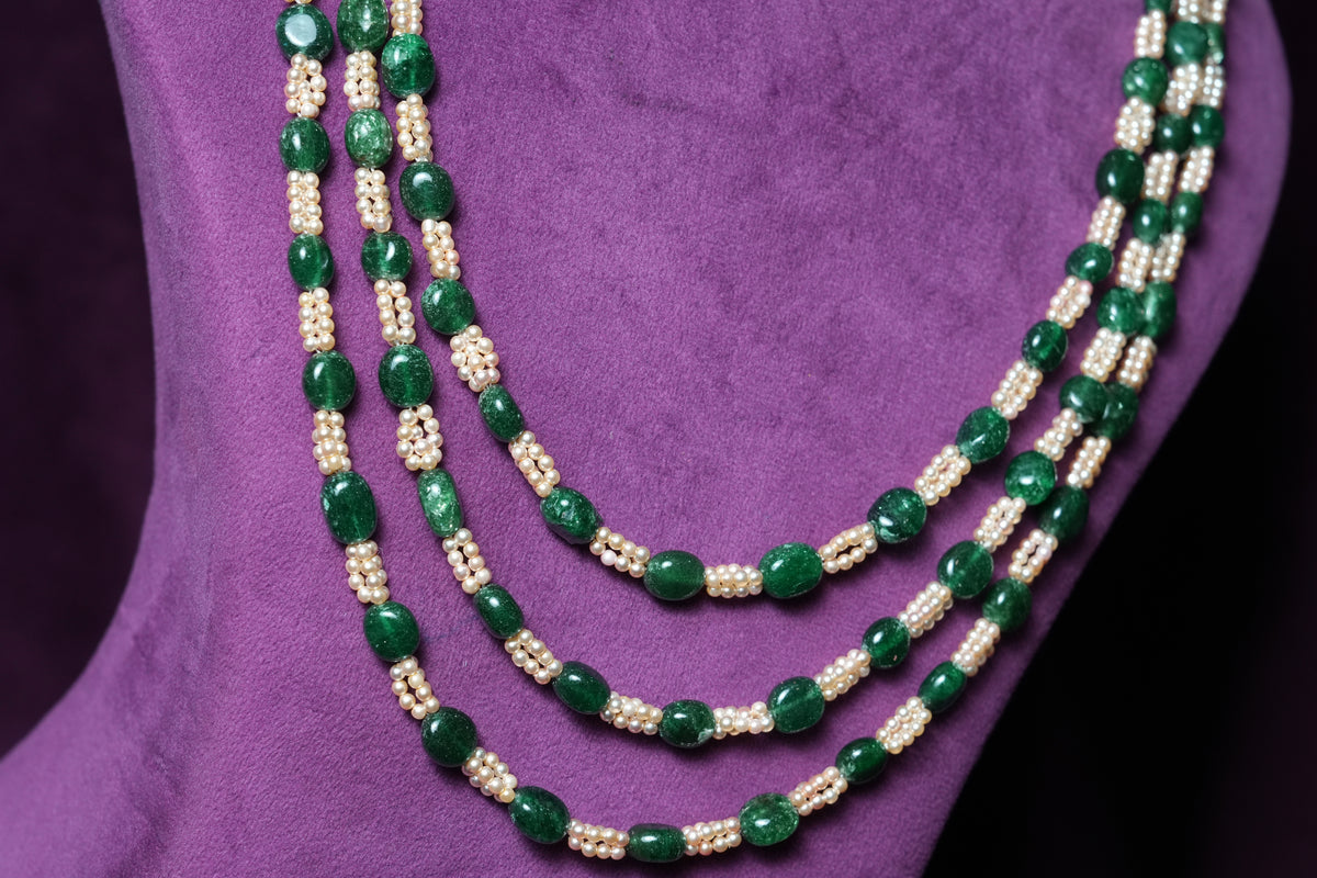 Emerald Oval Bead & motif Pearl Layered Mala