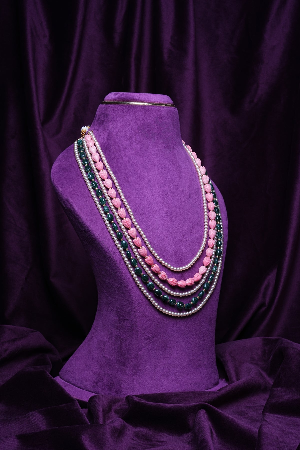 Five-Layer South Sea Pearls and Coral Tulips With Emeralds Haram