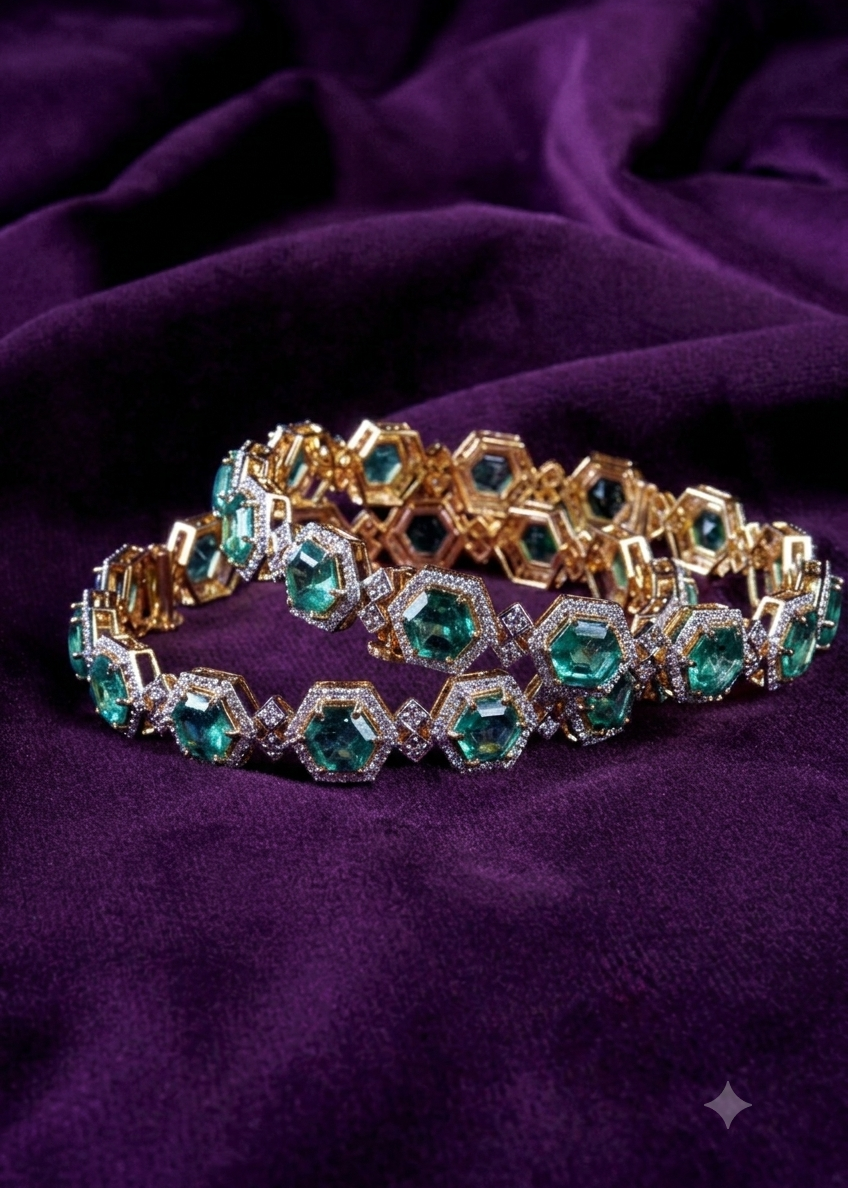 Hexagonal Halo Diamond And Emerald Link Gold Bangles