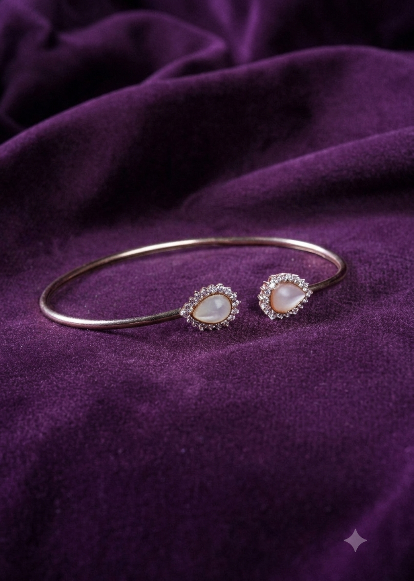 Mother Of Pearl Pear Halo Open Cuff Gold Bangle Bracelet