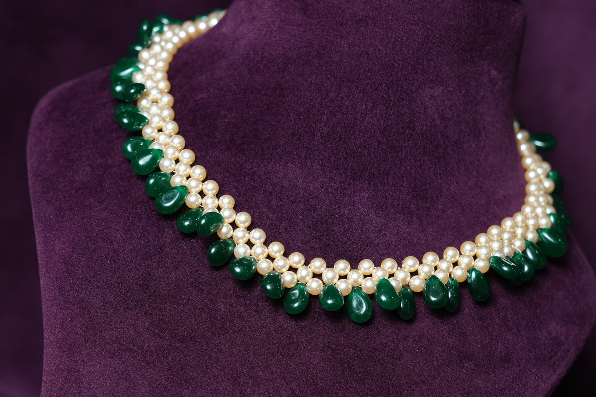 Ivory Lattice & Emerald Teardrop Choker