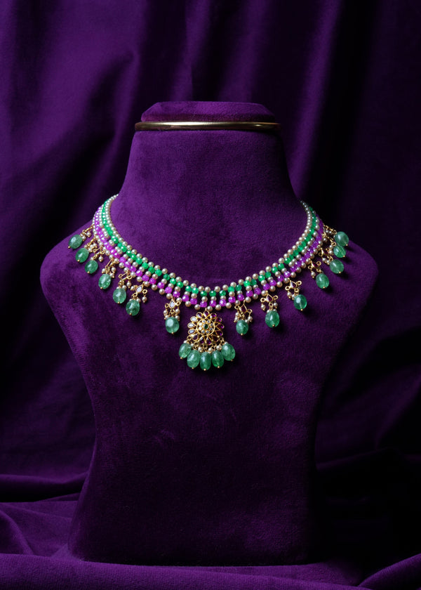Zircon Beaded Nitting Gemstone Kempu Emerald Ovel Drop Necklace Made with Precious South Sea Pearls and Russian Emerald with CZ/Polkis