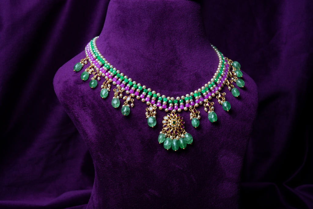Zircon Beaded Nitting Gemstone Kempu Emerald Ovel Drop Necklace Made with Precious South Sea Pearls and Russian Emerald with CZ/Polkis