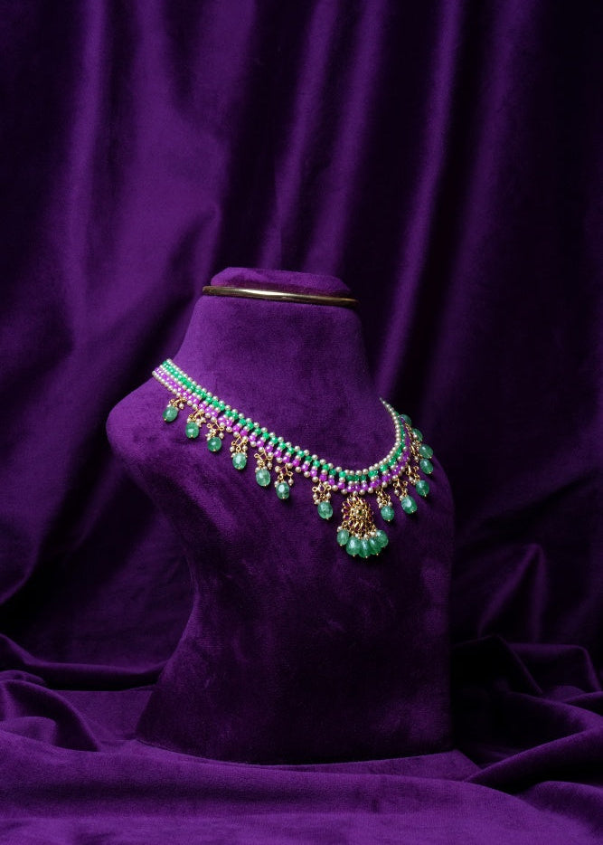Zircon Beaded Netting Gemstone Kempu Emerald Oval Drop Necklace Made with Precious South Sea Pearls and Russian Emerald with CZ/Polkis