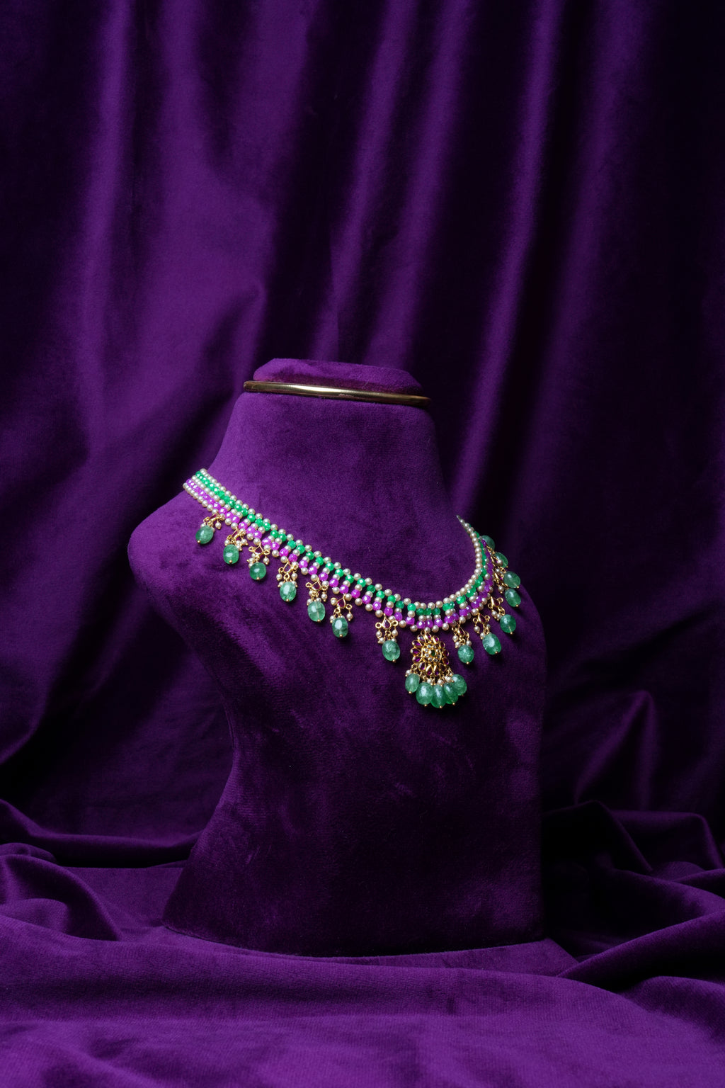Zircon Beaded Nitting Gemstone Kempu Emerald Ovel Drop Necklace Made with Precious South Sea Pearls and Russian Emerald with CZ/Polkis