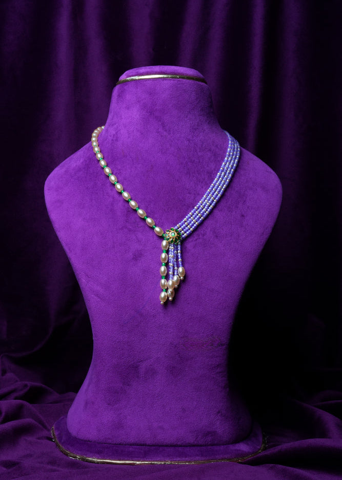 Side-Mugappu Multi-Strand Freshwater Pearls and Tanzanite Zircon Beads with Emerald Locket