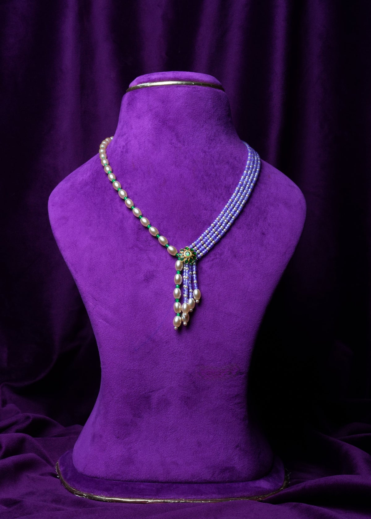 Side-Mugappu Multi-Strand Freshwater Pearls and Tanzanite Zircon Beads with Emerald Locket