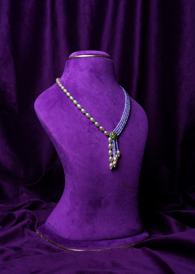 Side-Mugappu Multi-Strand Freshwater Pearls and Tanzanite Zircon Beads with Emerald Locket