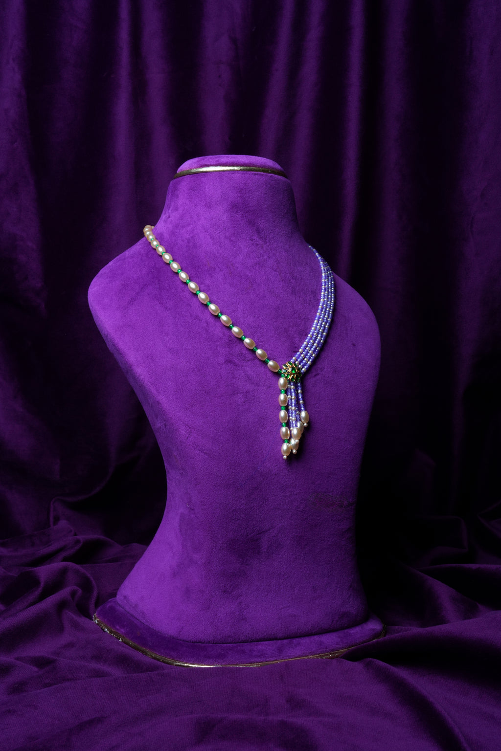Side-Mugappu Multi-Strand Freshwater Pearls and Tanzanite Zircon Beads with Emerald Locket