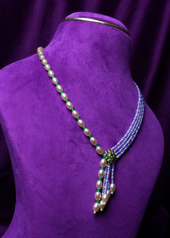 Side-Mugappu Multi-Strand Freshwater Pearls and Tanzanite Zircon Beads with Emerald Locket