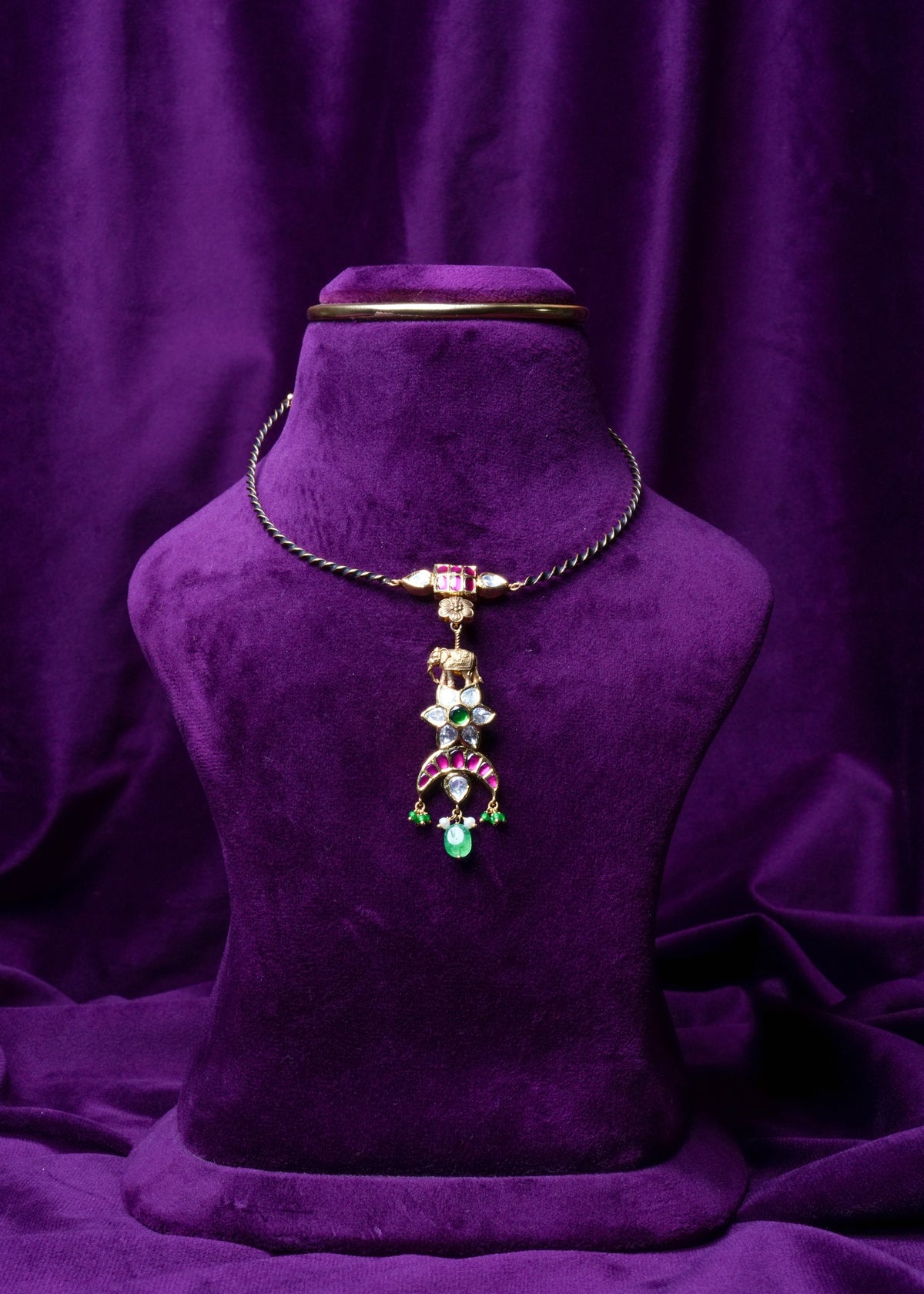 Elephant Motif Guttapusalu with Polki Kanti Collar