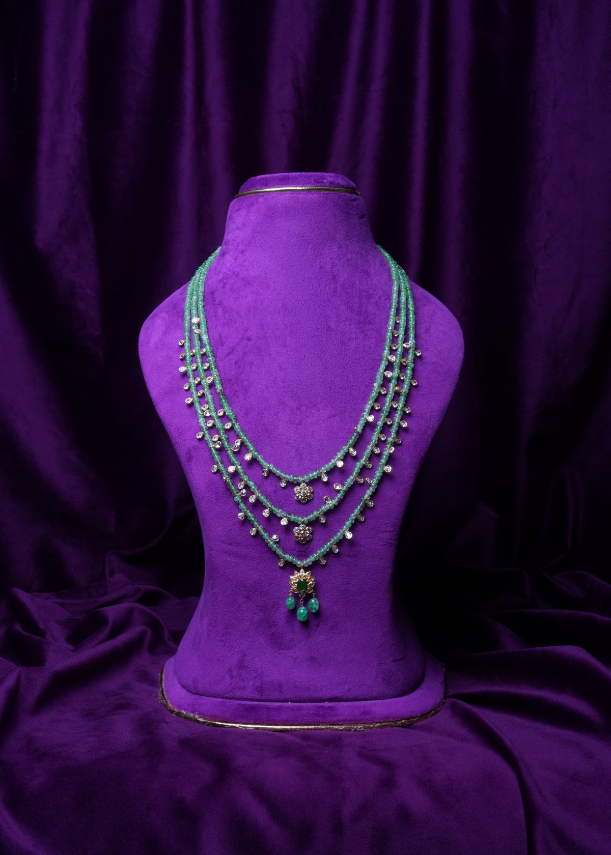 Three-Layer Russian Emerald Step Haram with Mughal Style Pendant