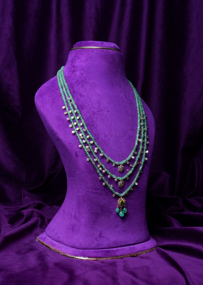 Three-Layer Russian Emerald Step Haram with Mughal Style Pendant