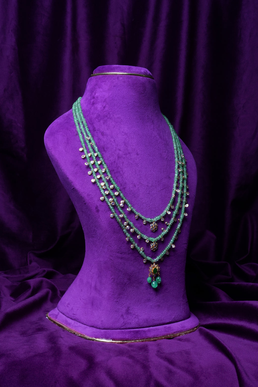 Three-Layer Russian Emerald Step Haram with Mughal Style Pendant