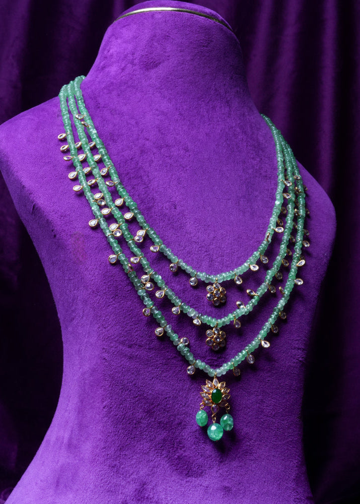 Three-Layer Russian Emerald Step Haram with Mughal Style Pendant