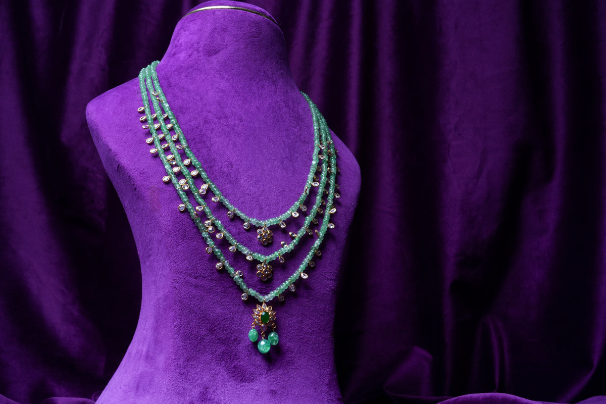 Three-Layer Russian Emerald Step Haram with Mughal Style Pendant