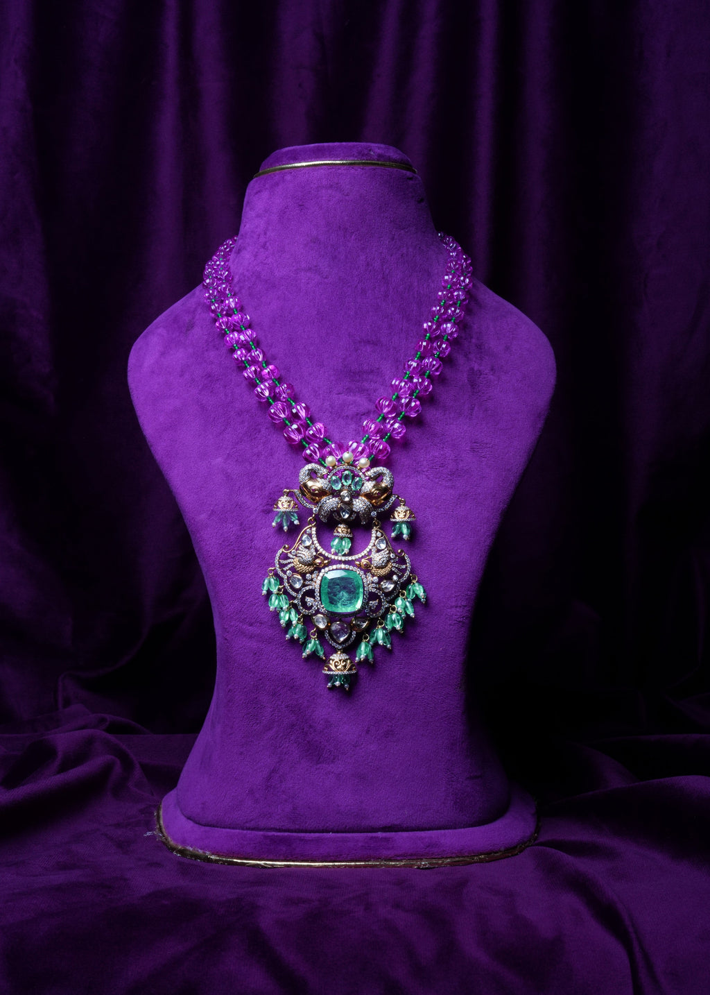 Pink Tourmaline Pumpkins and Sapphires with Victorian Russian Emerald Diamond Pendant