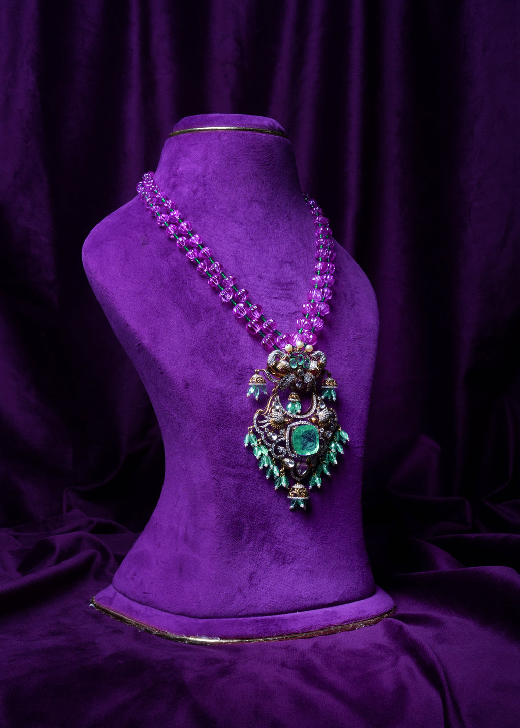 Pink Tourmaline Pumpkins and Sapphires with Victorian Russian Emerald Diamond Pendant