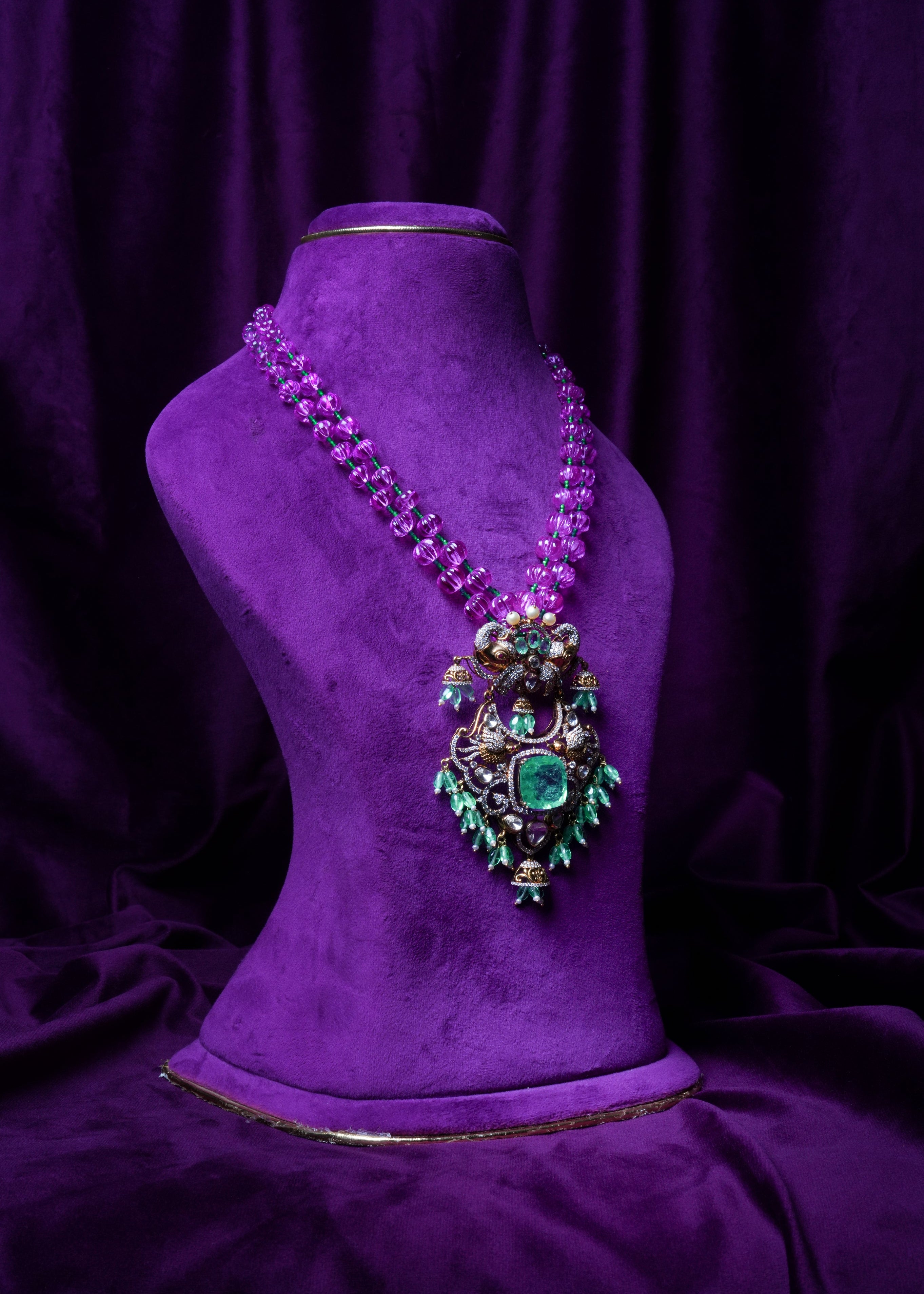 Pink Tourmaline Pumpkins and Sapphires with Victorian Russian Emerald Diamond Pendant