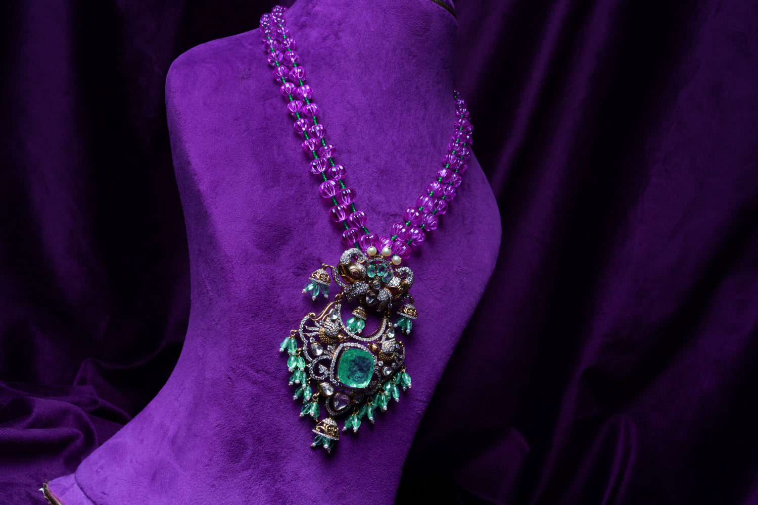 Pink Tourmaline Pumpkins and Sapphires with Victorian Russian Emerald Diamond Pendant