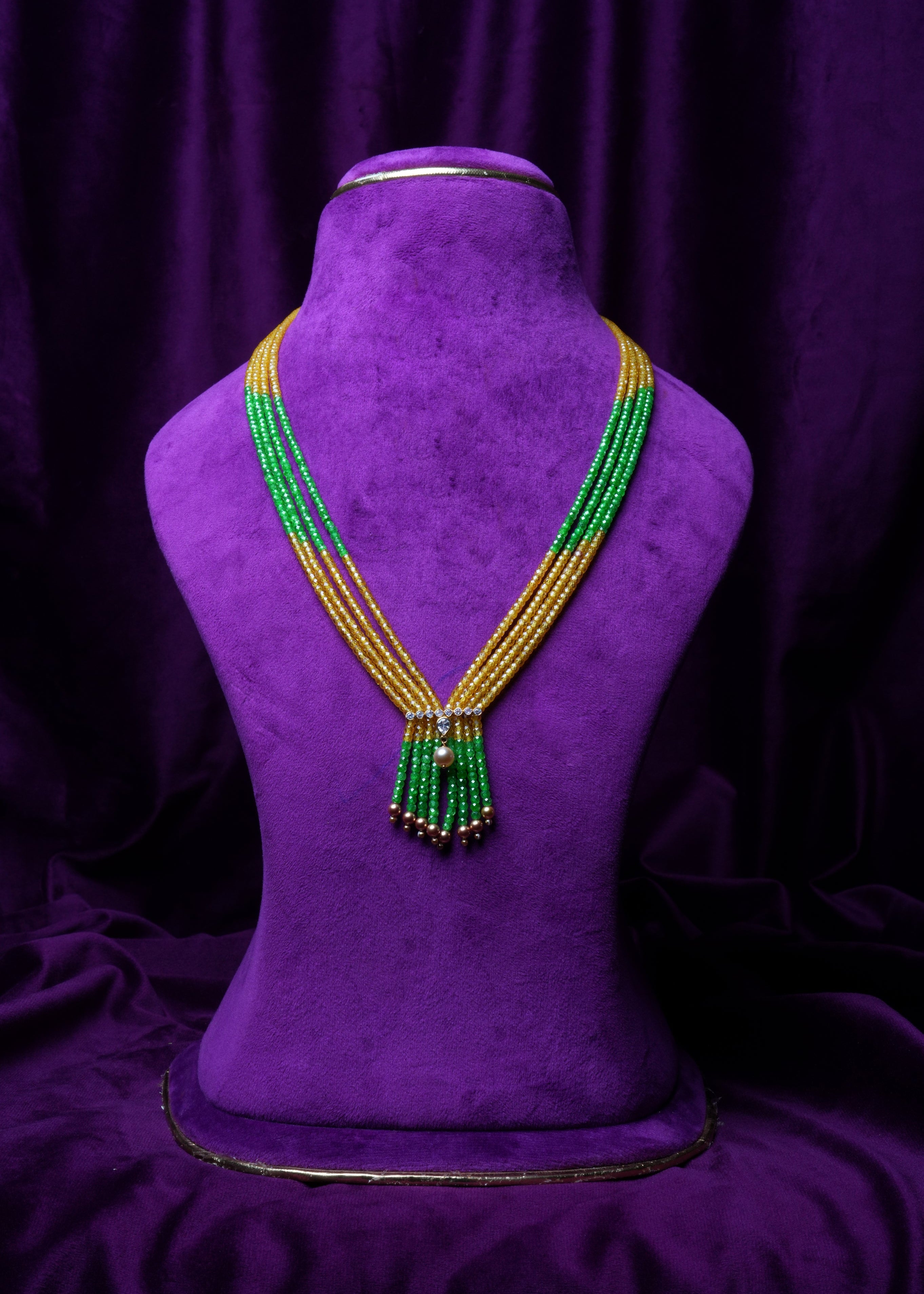 Green and Yellow Zircon Beads with Gold Pearls Necklace