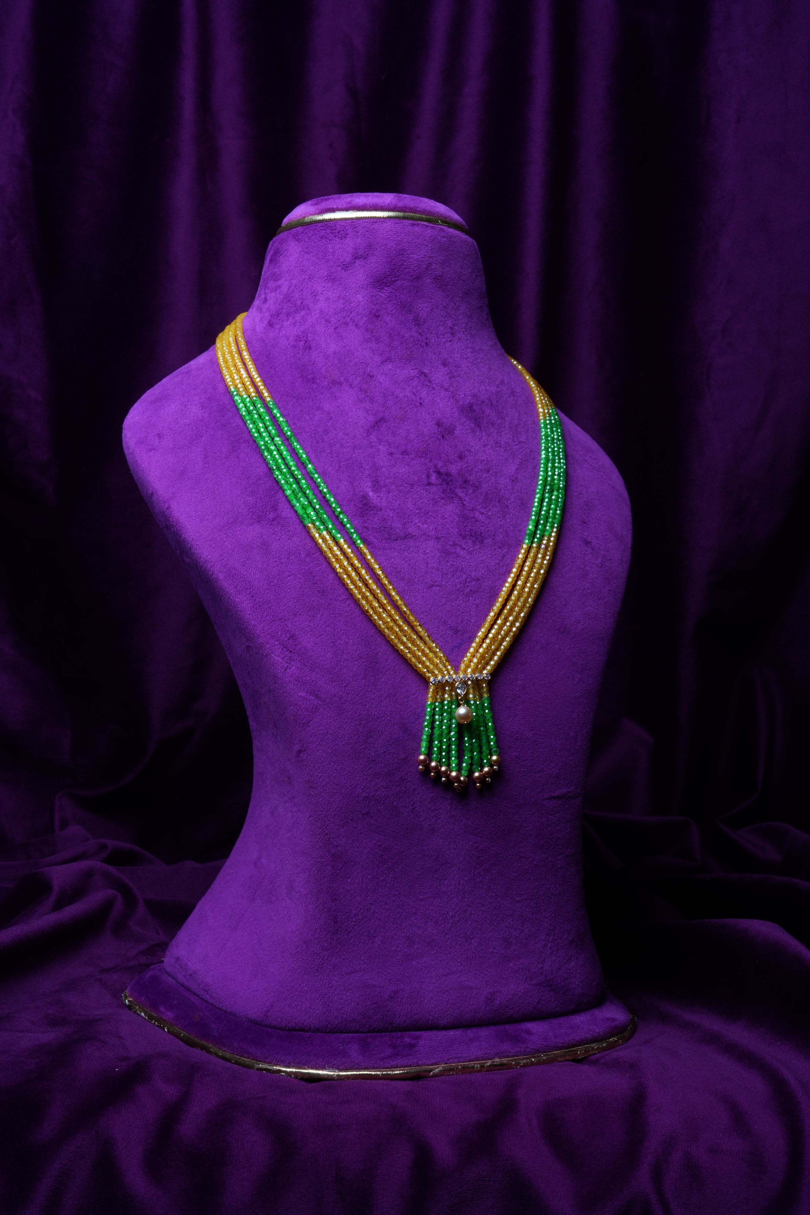 Green and Yellow Zircon Beads with Gold Pearls Necklace