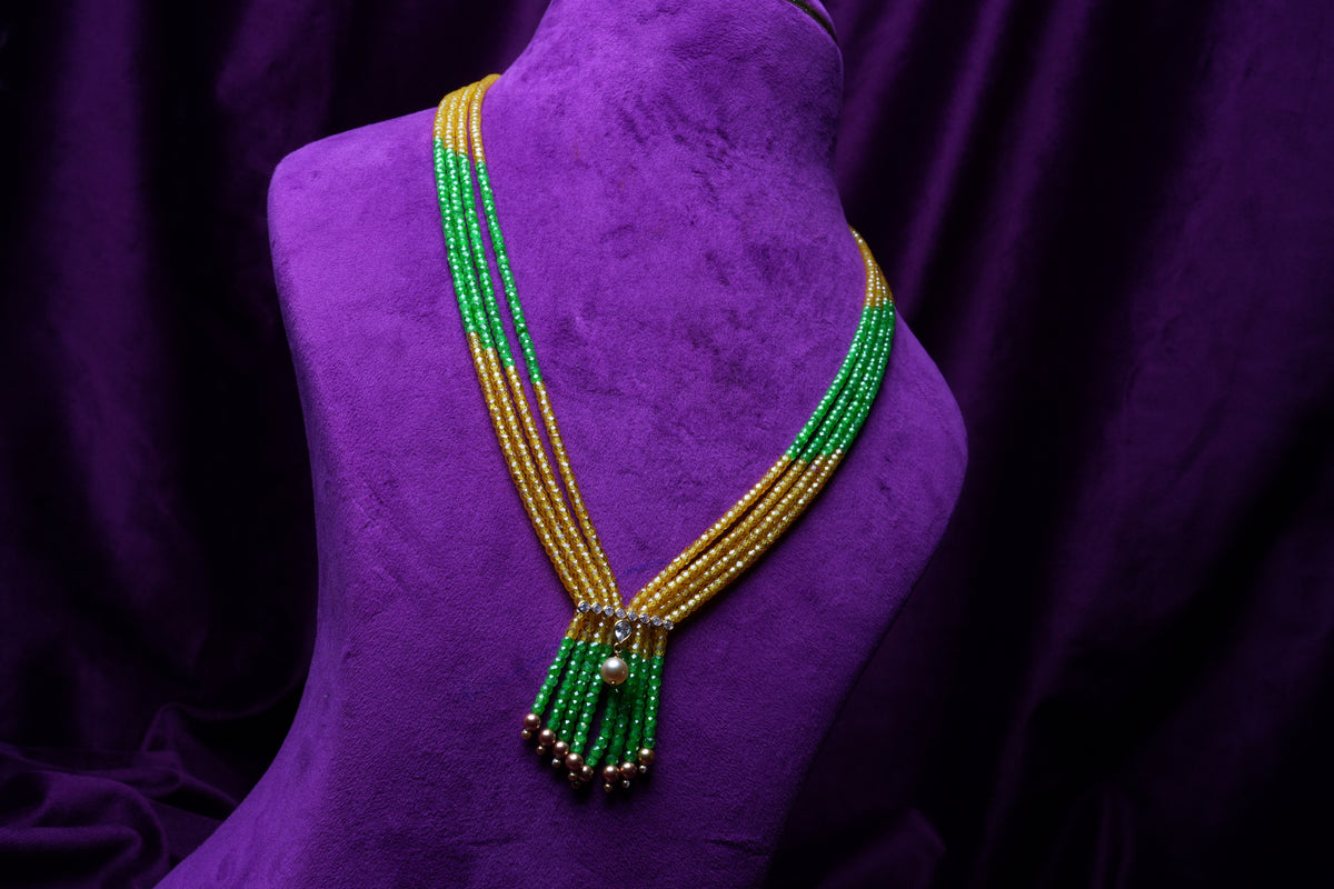 Green and Yellow Zircon Beads with Gold Pearls Necklace