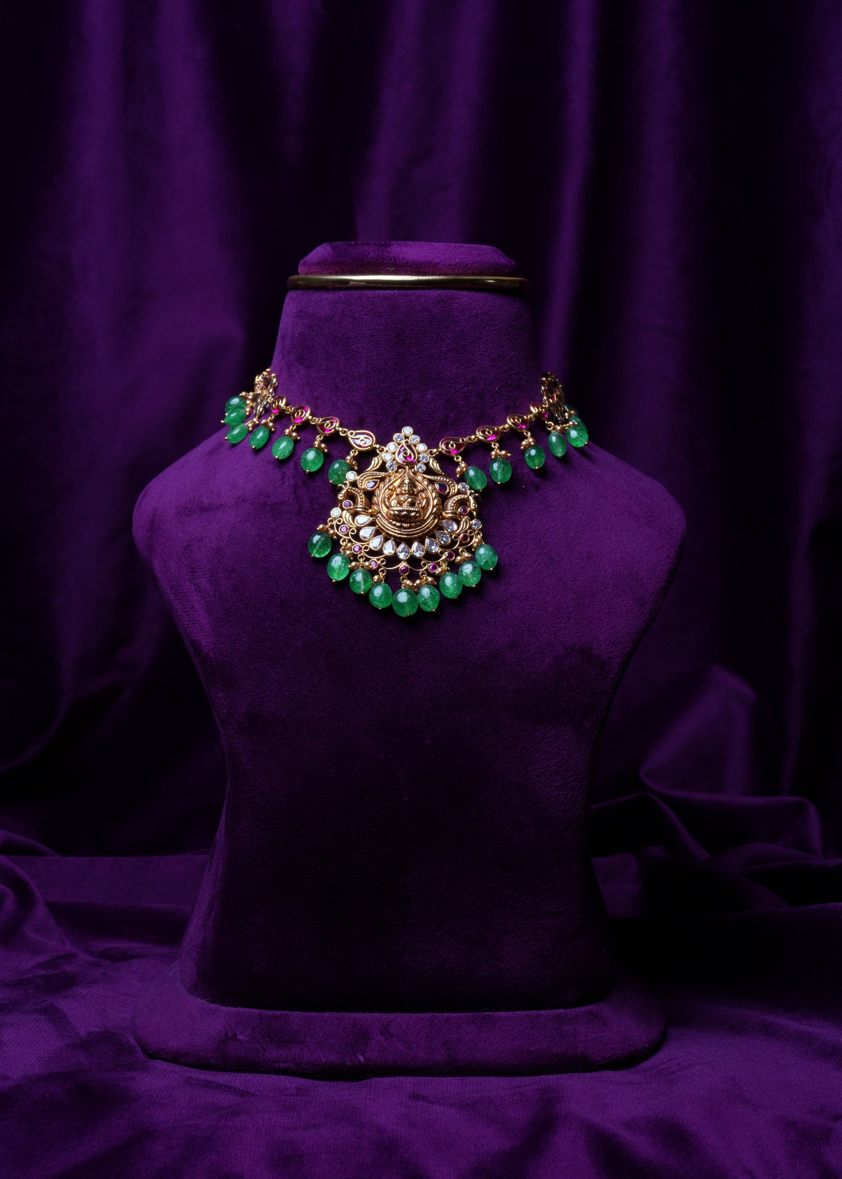 Goddess Lakshmi Kundan with Emerald Drops and Gold Guttapusalu Pearls Necklace