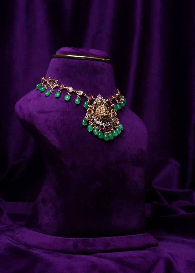 Goddess Lakshmi Kundan with Emerald Drops and Gold Guttapusalu Pearls Necklace