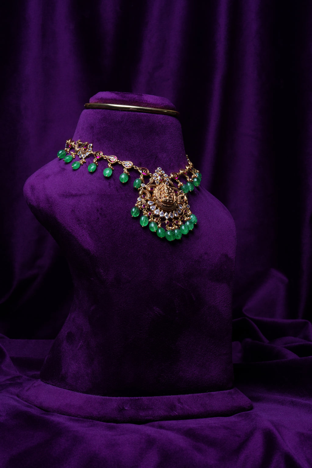 Goddess Lakshmi Kundan with Emerald Drops and Gold Guttapusalu Pearls Necklace