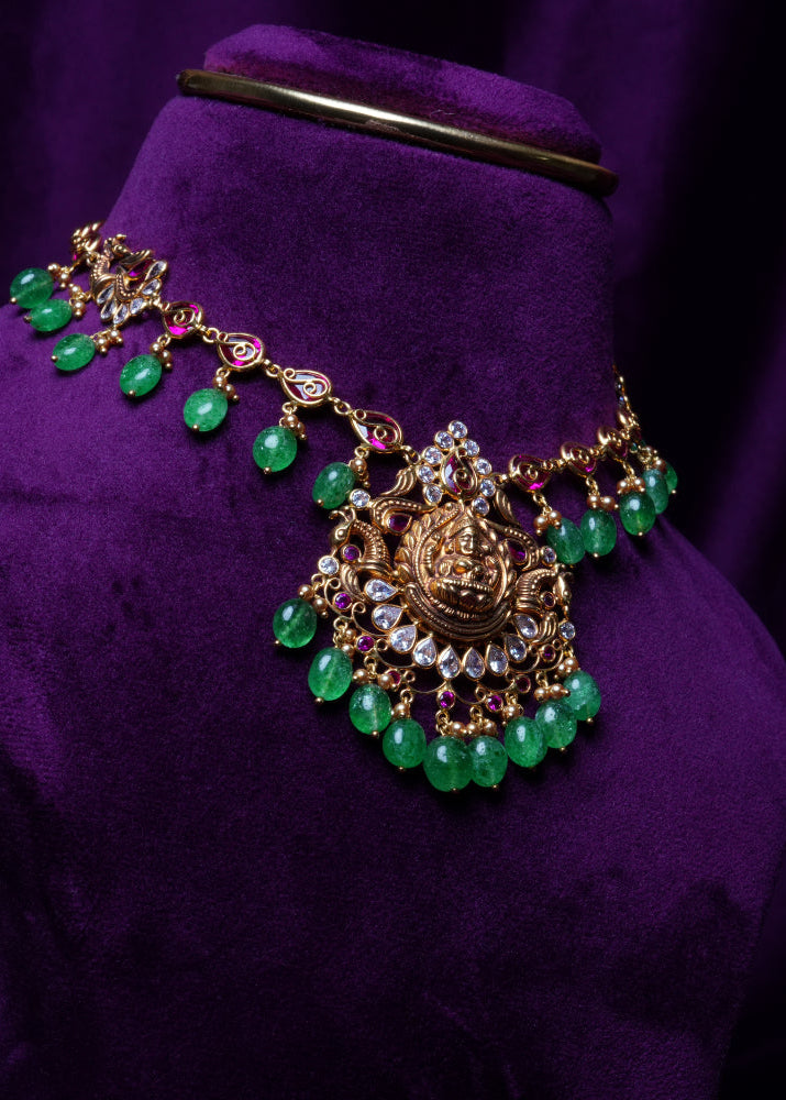 Goddess Lakshmi Kundan with Emerald Drops and Gold Guttapusalu Pearls Necklace