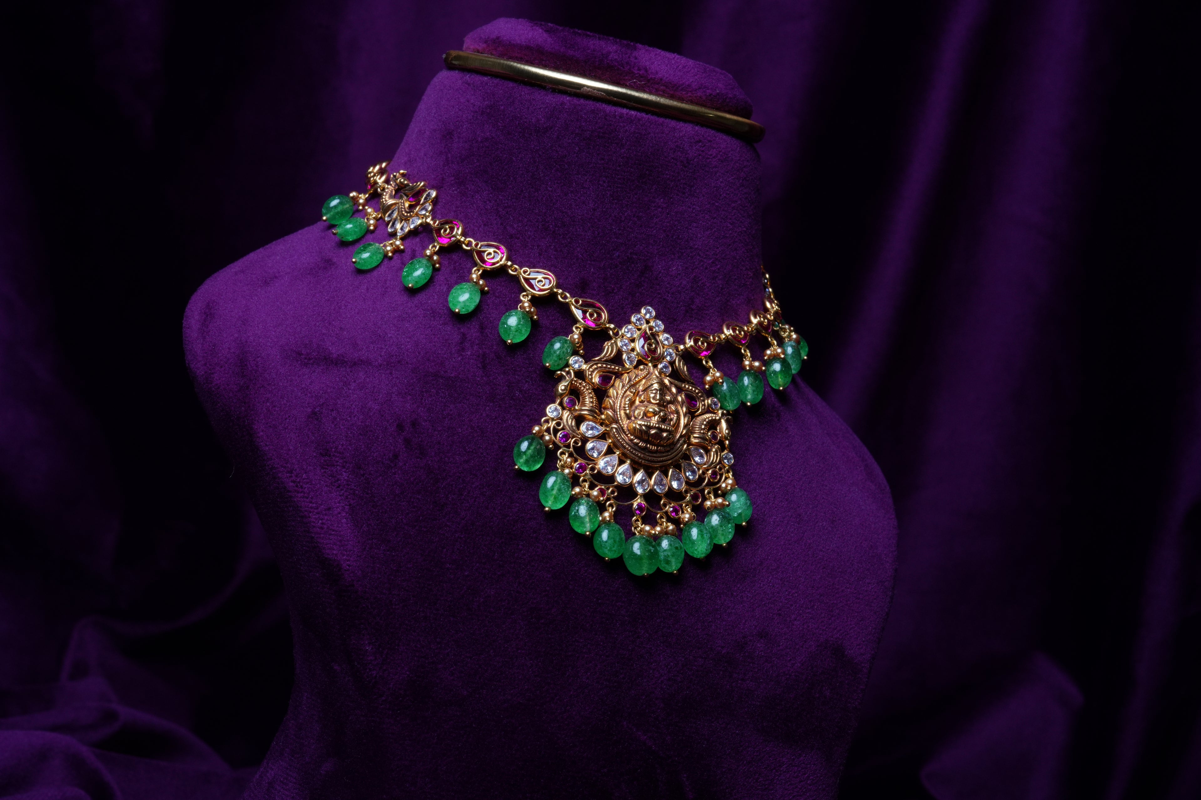 Goddess Lakshmi Kundan with Emerald Drops and Gold Guttapusalu Pearls Necklace